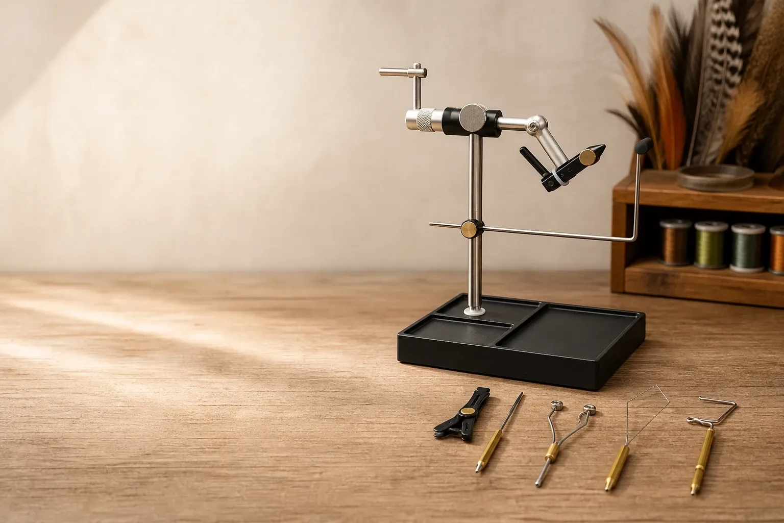Rotary fly tying vise mounted on a black pedestal base with five fly tying tools arranged on a wooden workbench, thread spools and feathers in the background